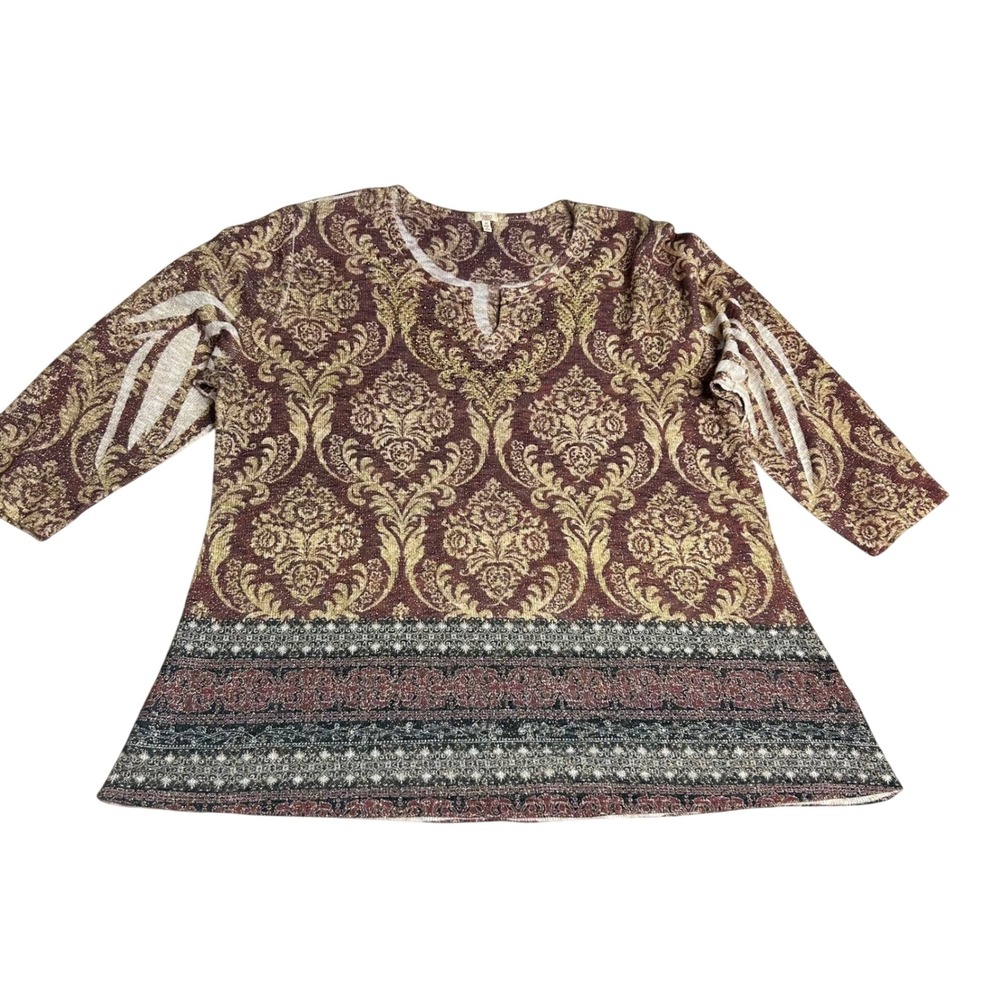 Reba Woman 3X Burgundy Gold Metallic Damask Knit Top 3/4 Sleeve Split Neck